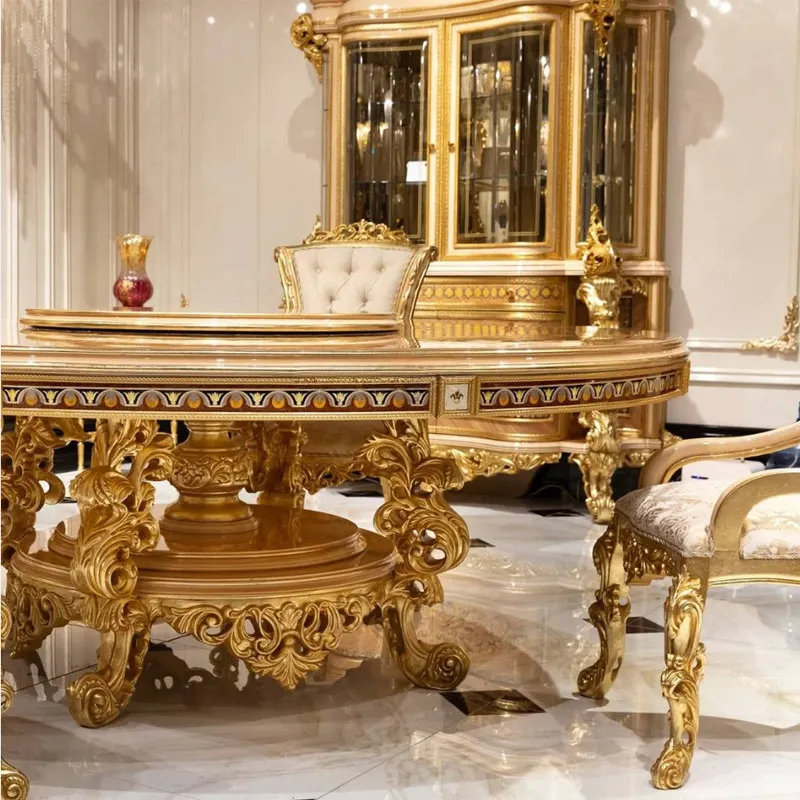 Muebles de comedor de marquetería barroca elegante de estilo italiano mesa de comedor redonda de talla de madera clásica europea para 8 personas