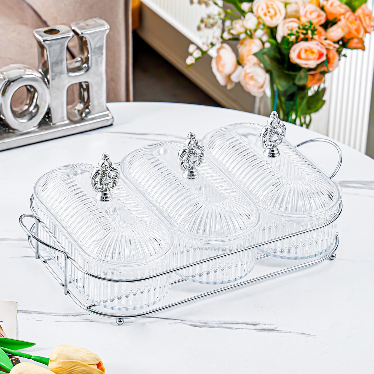 Cadre Fleur Argenté - Transparent - Grande Assiette Ovale - 3 Compartiments