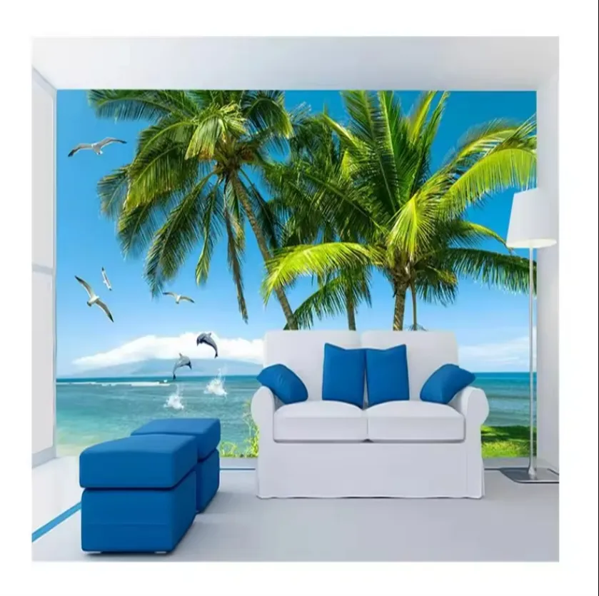 3D Wallpaper Living Room Bedroom Mural Seaside Beach Coconut Tree Background Wallpaper 3d Wall Mural