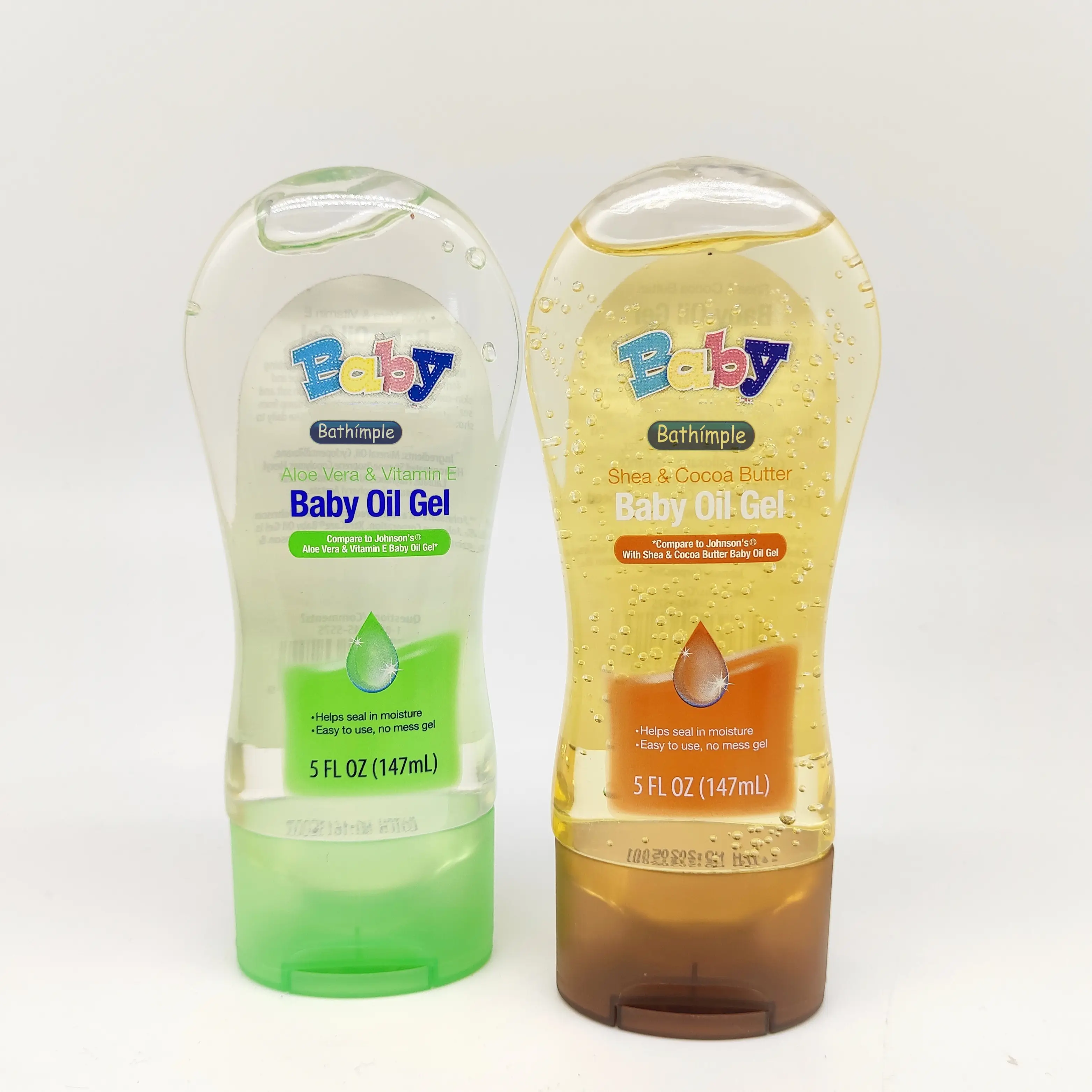 Private Logo Moisturizing Shea and Coco Butter Vitamin E 147ml 5 fl oz Bottles Baby Oil Gel nourish skin with Flip Cap