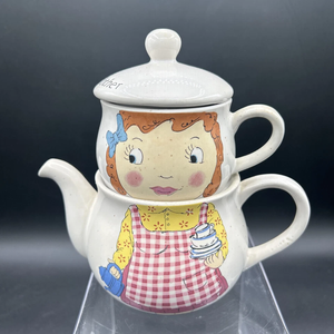 2合1粉色釉面陶瓷茶壶杯具压花粗陶茶壶套装 - Product Image 3