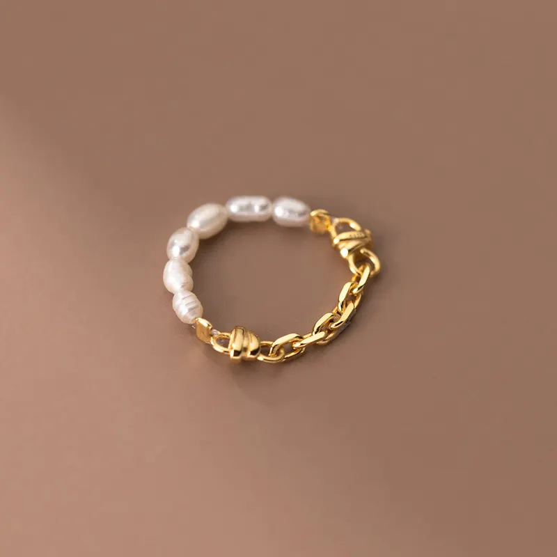 100% echte 925 Sterling Silber Süßwasser Perle Perlen Ring 18 Karat vergoldete Glieder ketten ringe Großhandel