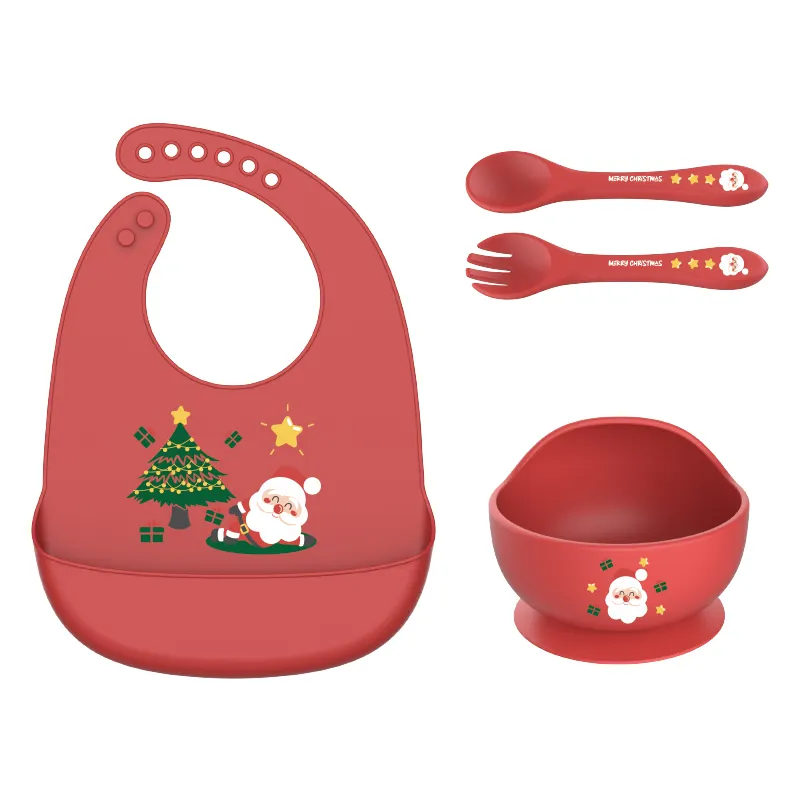 Wholesale Custom waterproof Washable Silicone Children's Tableware Set Christmas Baby Bibs for school