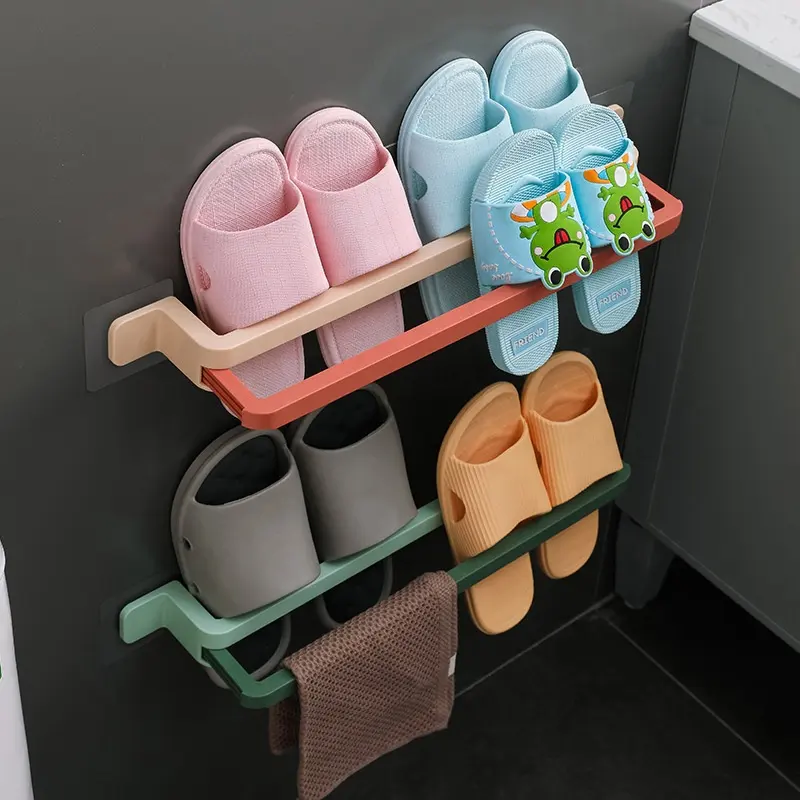 Colgador de pared para zapatillas de baño, estante de almacenamiento de zapatos telescópicos de inodoro, sin perforación, toalla, soporte doble para zapatos