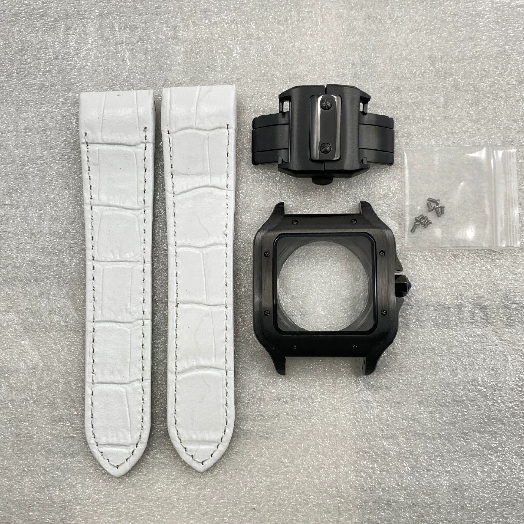 Boîtier noir - Bracelet en cuir blanc