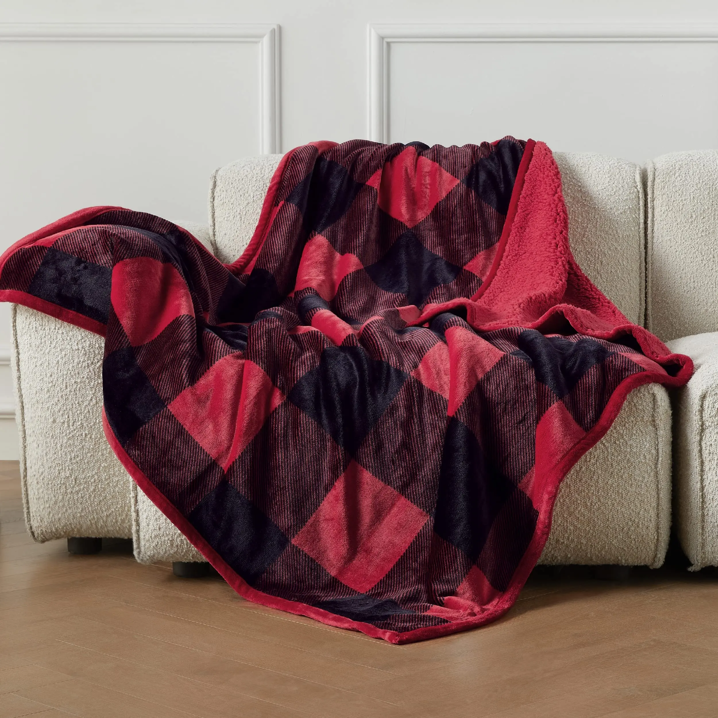 Bindi Natal Sherpa selimut sublimasi lembut hangat merah dan hitam poliester selimut Sofa kotak-kotak selimut lempar