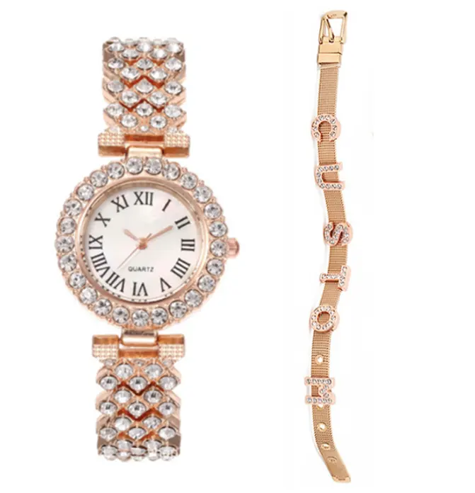 Montres à quartz pour dames Ensemble 2 pièces de luxe en or rose plaqué or 18 carats pour femmes Dernier alliage rond Bijoux de mode Montres pour femmes