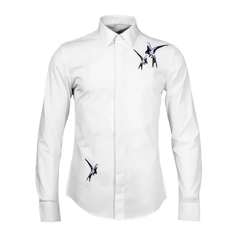 Neues Modell weißer Kran Logo Herren Kunst-Stil lange Ärmel individueller Druck Kleidhemden