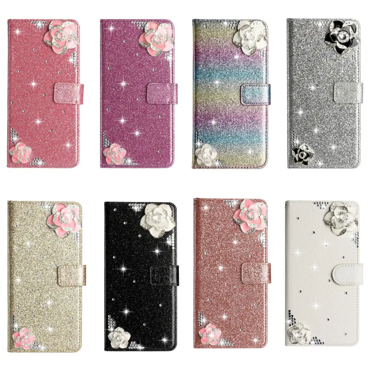 Cover kulit glitter berlian bunga Camellia untuk iPhone 5 6 7 8 XS XR 11 12 13 14 15 Pro Max Samsung Galaxy S22 S23 S24 Plus