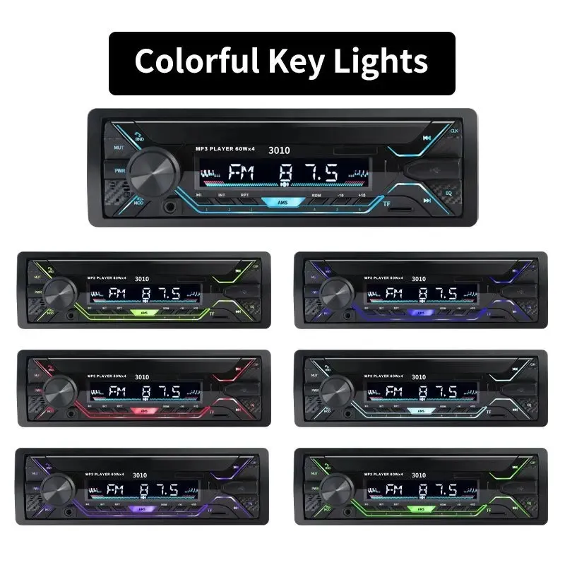 Universal Car Radio Audio 1din Bluetooth Estéreo Reproductor de MP3 Receptor FM con luces de colores AUX/USB/Tarjeta TF