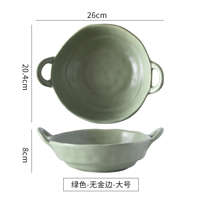 Cuenco grande de forma irregular con doble asa, color verde té.