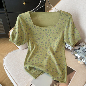 夏の花柄スクエアネックニットトップ半袖TシャツレディースニットプルオーバーカジュアルエレガントTシャツ