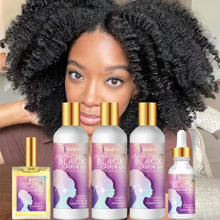 Tratamiento para el cabello Natural, aceite de ricino negro orgánico nutritivo, conjunto de cuidado del cabello Afro rizado, Etiqueta Privada