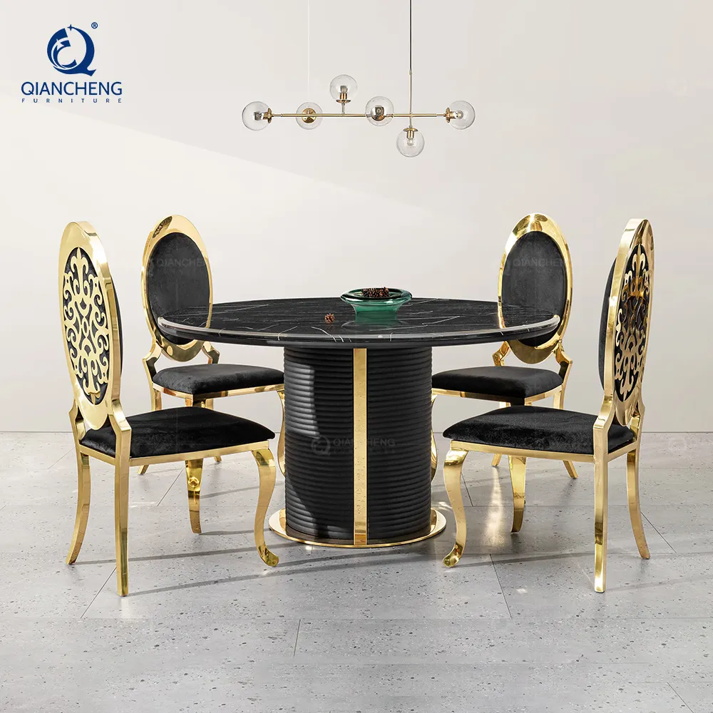 Mesa y silla de comedor de cuero para 10 personas de estilo europeo OEM, juego de mesa de comedor de hormigón moderno de gama alta de lujo, negro y dorado