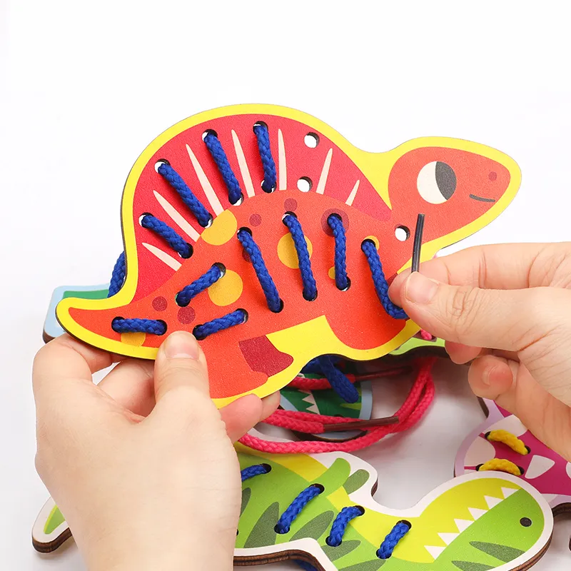 Customized Dinosaur Lacing Cards Wooden Threading rope Travel Preschool Games Fine Motor Skills Educational Baby Toys For Kids