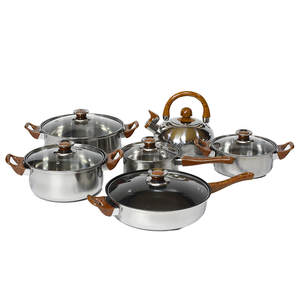 Nhà máy-ban đầu chất lượng cao thép không gỉ <span class=keywords><strong>Cookware</strong></span> Set với tay cầm bằng gỗ 12-mảnh đáy đôi Bếp gas tương thích - Product Image 1