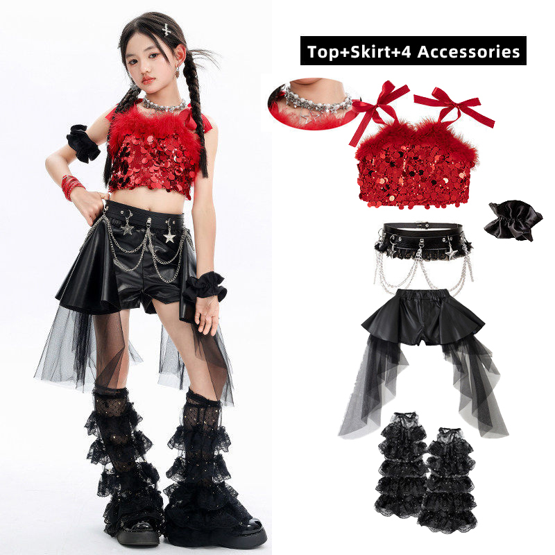 Red suspender+black skirt+necklace+hair ring+belt+leg cover