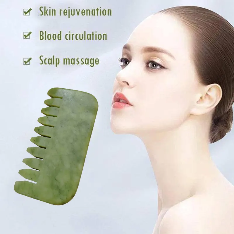 hot selling hair comb head natural guasha face neck lifting massage tool head scalp therapy green gua sha jade hair comb