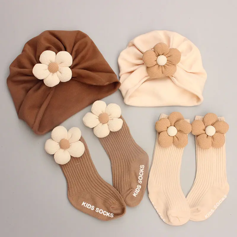 Gorro de bebé con flores de dibujos animados, bonito conjunto de calcetines para niñas, turbante, diadema con calcetines, turbante personalizado, con dibujos animados, para bebé, para niña