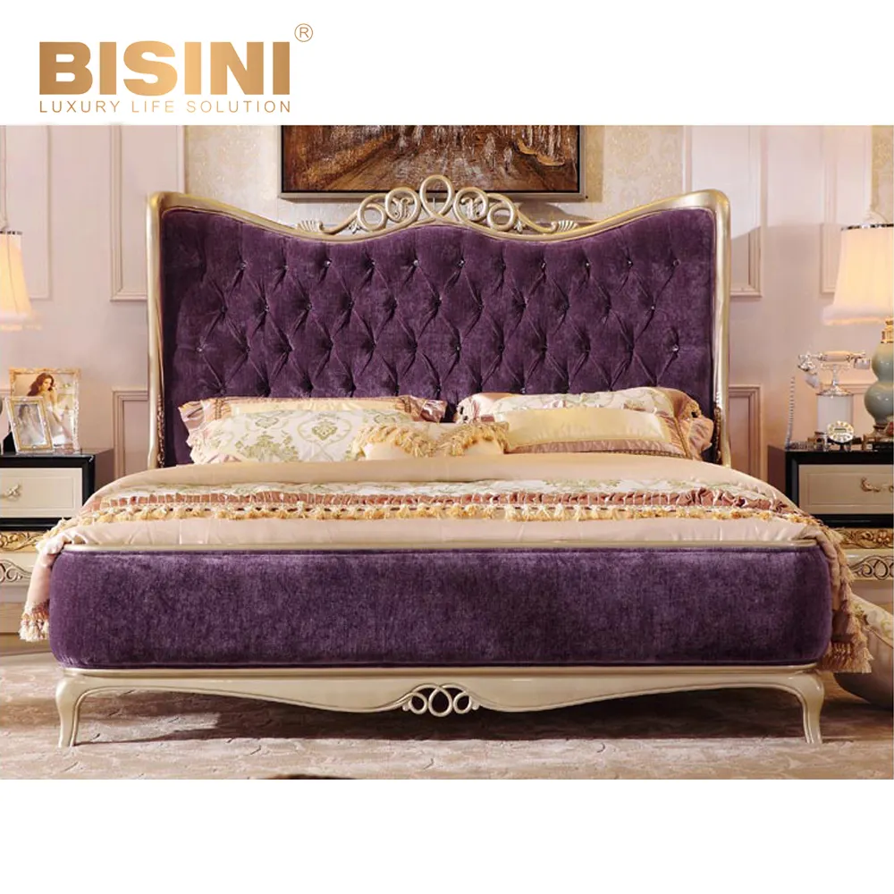 De Lujo último rey púrpura tamaño muebles de dormitorio/de lujo cama doble diseño antiguo muebles de dormitorio con de la mano de madera tallado