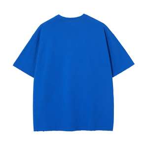 男性用高品質ウォッシュドサンドブラストエッジホールブルードロップショルダールーズ半袖Tシャツ