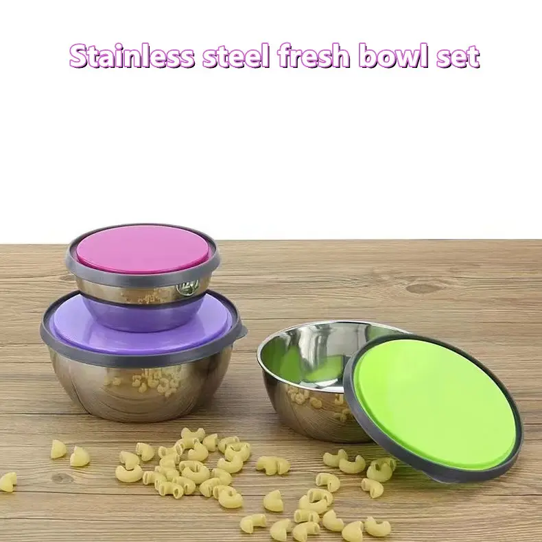 Round Shape Stainless Steel Food Storage Bowl With Colored Lid 3pcs Stainless Steel Food Containers Set