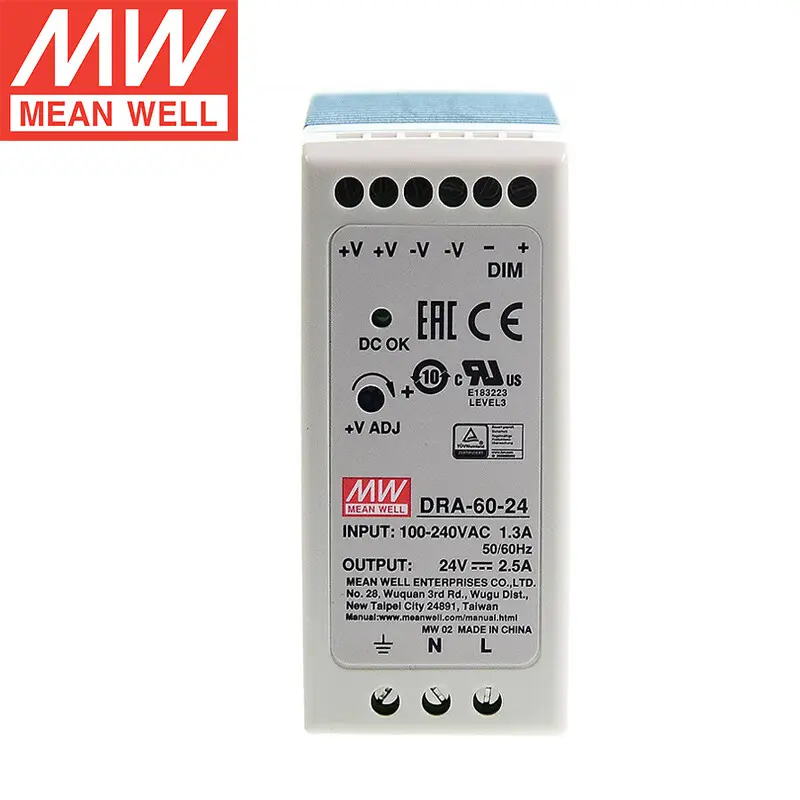 MEAN WELL DRA-60-24 arus dapat disesuaikan melalui 0-10v Driver cerdas 60W 12V 24V LED Din Rail Mounted Mode catu daya