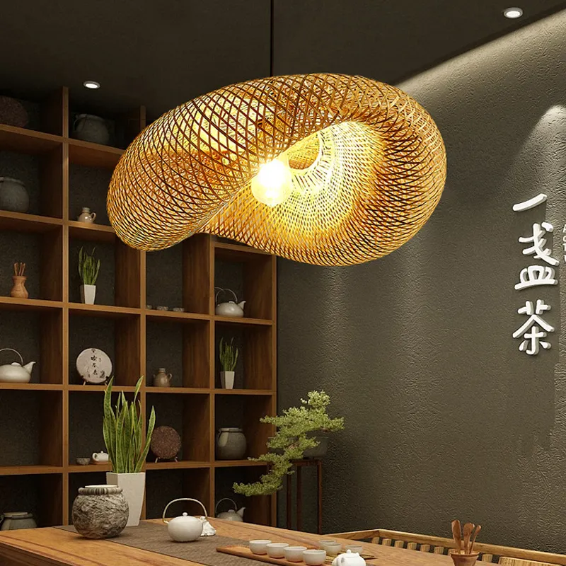 Luces colgantes LED decorativas para interior del hogar para sala de Estar, comedor, suspensión de ratán Vintage, candelabro de bambú hecho a mano