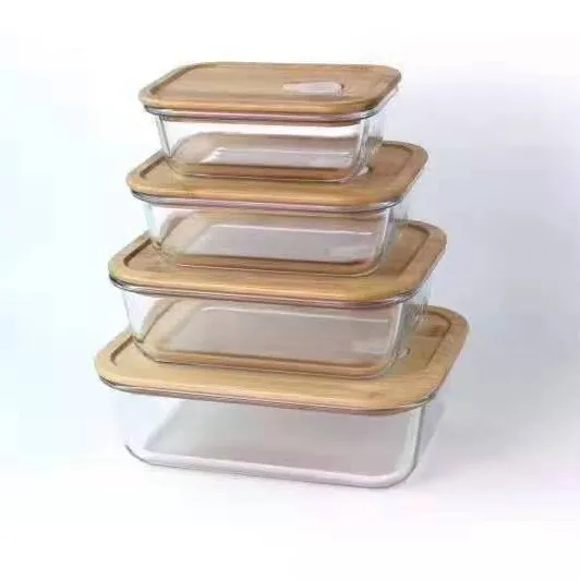 Multifunktion ale rechteckige Glas Bambus wieder verwendbare Lebensmittel behälter Glas Lunchbox mit Bambus deckel