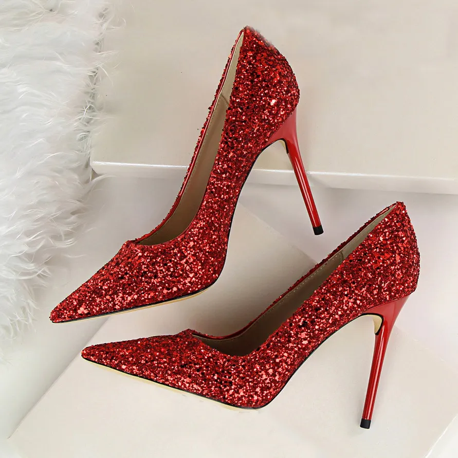 Wholesale European American New Style Ladies Pumps Shoes 2021 Shiny Sequins Nightclub Stiletto High Heels For Women
