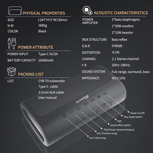 Cyboris T9 BT 5,3 Altavoces portátiles Subwoofer de graves Inalámbrico Profundo impermeable TWS 10400mAh Función de Banco de energía Suporrt USB/TF/AUX - Product Image 6