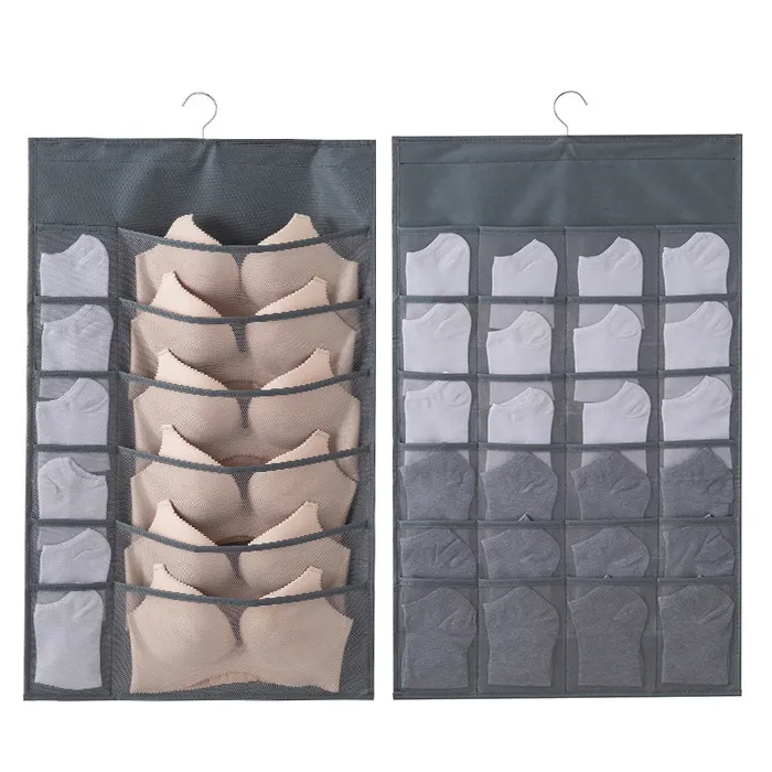 Closet Hanging Bra Organizer Dual Sided Wall Shelf Wardrobe Mesh Pockets Storage Bag for Bra Socks Underwear Storage Space