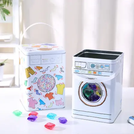 Forma personalizada da máquina de lavar roupa, pó do lavanderia, detergente, armazenamento, caixa de lata com alça de plástico e janela do corpo