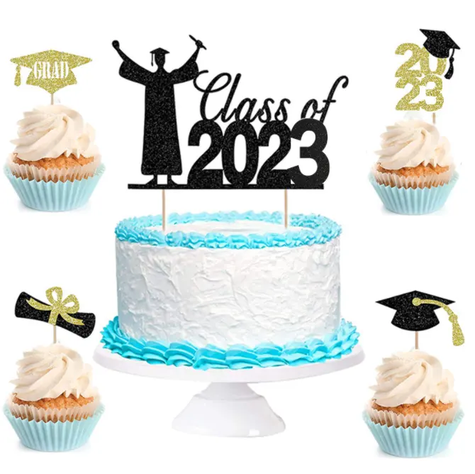 Ouro Congrats grad classe de 2023 design cupcake toppers bolo toppers picaretas para feliz graduação bolo decoração do partido suprimentos