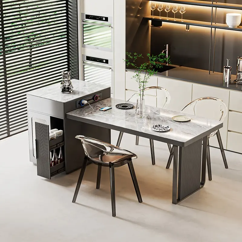 Mobiliário De Sala De Jantar Mesa De Pedra Sinterizada Cozinha Ilha Extensível Tabletop Armário De Armazenamento Design Integrado Mesas De Jantar