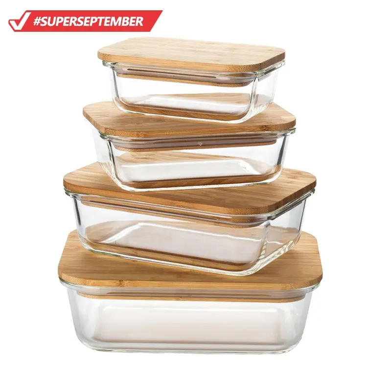 Almacenamiento de alimentos de vidrio de borosilicato alto, con tapa de bambú, juego de contenedores de vidrio para preparar comida