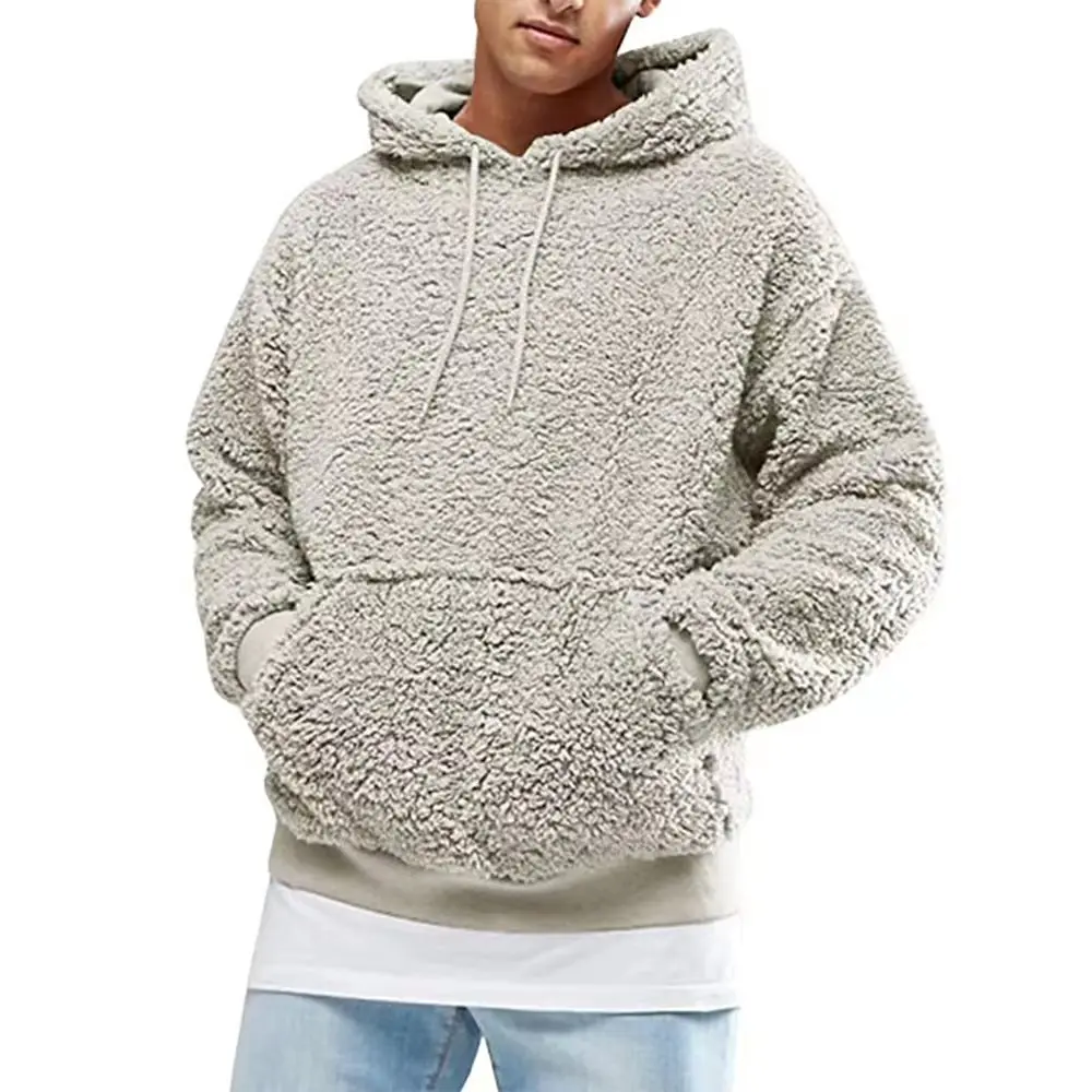Jaket hoodie bulu sherpa pullover pria OEM grosir hoodie bulu hangat sesuai pesanan