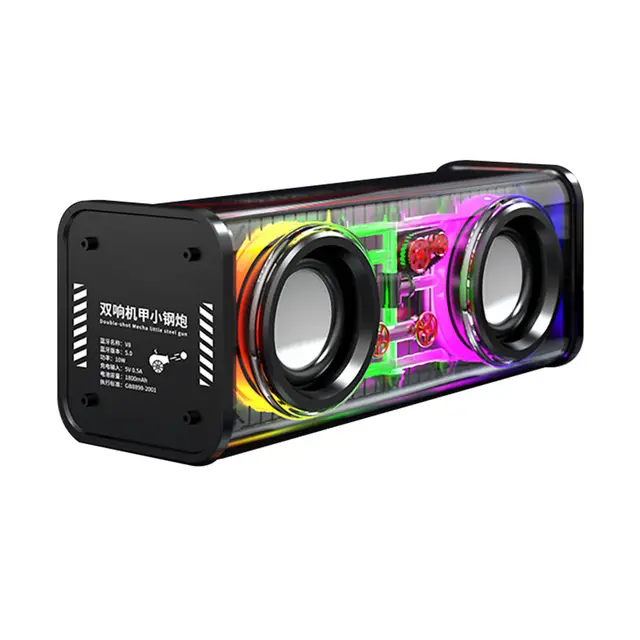 2023 Bluetooth Mini alto-falante transparente Mecha caixa de música portátil Bluetooth alto-falante sem fio subwoofer estéreo 3 modos de luz LED