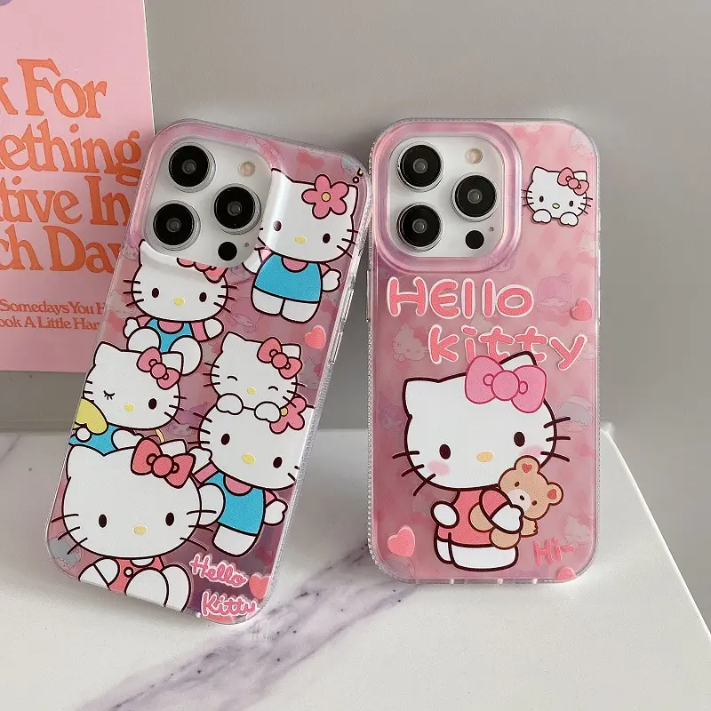 เคสโทรศัพท์ลายคิตตี้สีชมพูการ์ตูนแข็งแข็งแรงทนทานสำหรับ iPhone 11-14promax