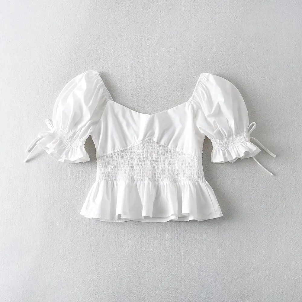 Blusa plisada ajustada con manga de obispo para mujer, blusa de Color liso a la moda, R40500S