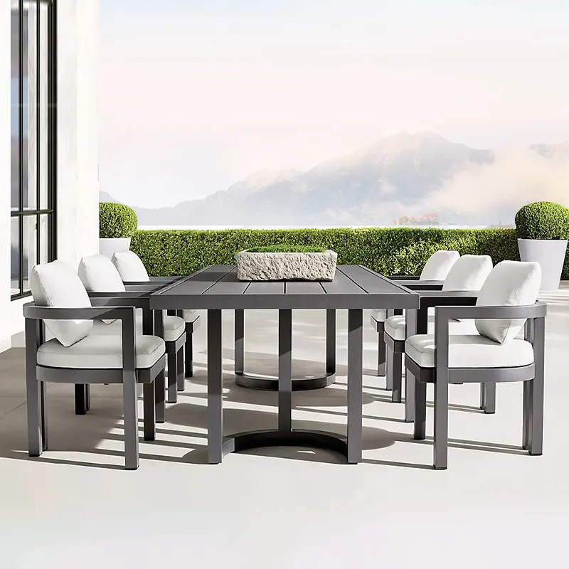 Muebles de aluminio con recubrimiento en polvo, mesa de comedor al aire libre y sillas modernas, gran oferta