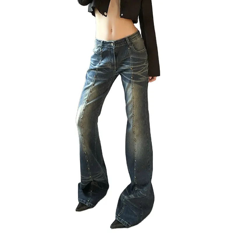 Moda New Spicy Girl Y2k Pantalones Cintura baja Fitness Slim Rivets Flare Denim Pantalones Casual Ladies Jeans