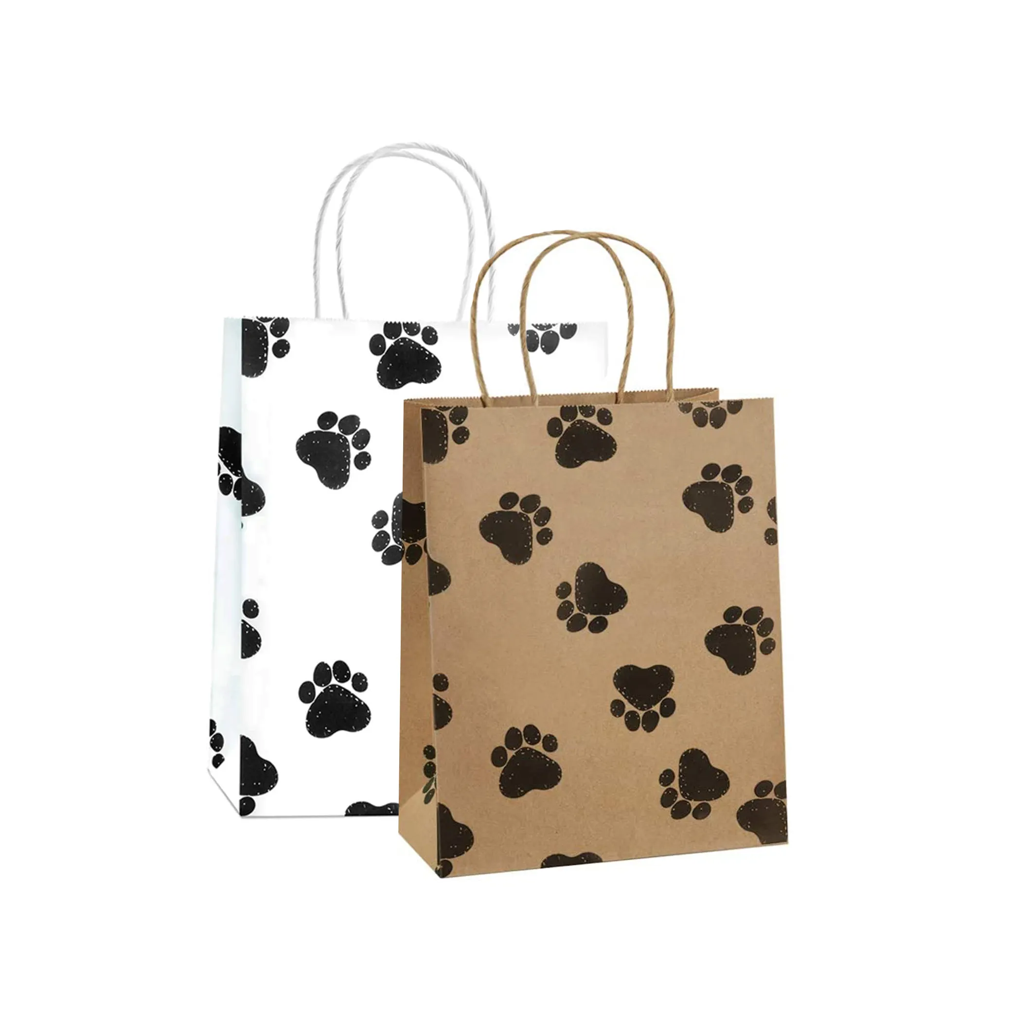 Logotipo personalizado bonito varejo compras festa de festas, presente, filhote de cachorro, marrom branco com alça, impressão de pata, sacos de papel