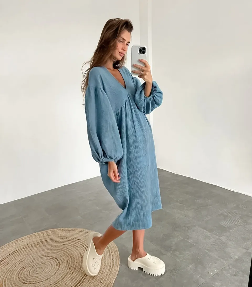 OOTN-pijamas informales lisos y elegantes para mujer, ropa de dormir holgada con cuello de pico, vestidos de algodón de mujer, vestido de noche de manga linterna 2022