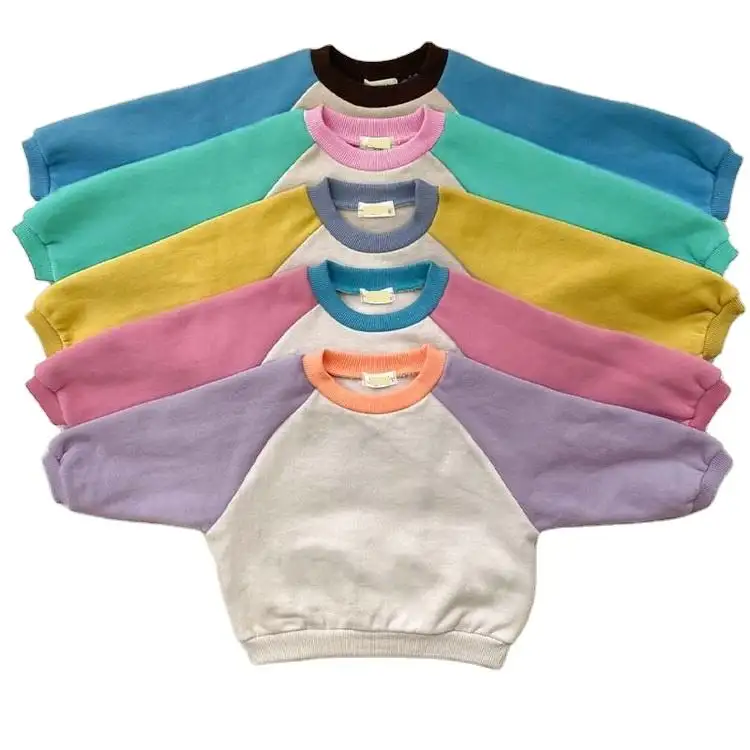 Suéter manga contraste para bebês, moletom de cor grande para meninos e meninas, de algodão