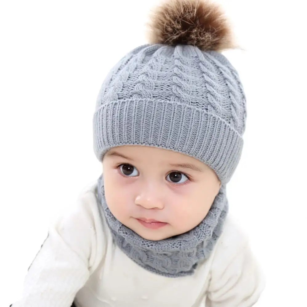 Baby Winter Warme Pelz Ball Hüte O Ring Schals Kinder Kinder Unisex Gestrickte Mütze Mütze Schal Set Mädchen Jungen Mütze Schal Set H048