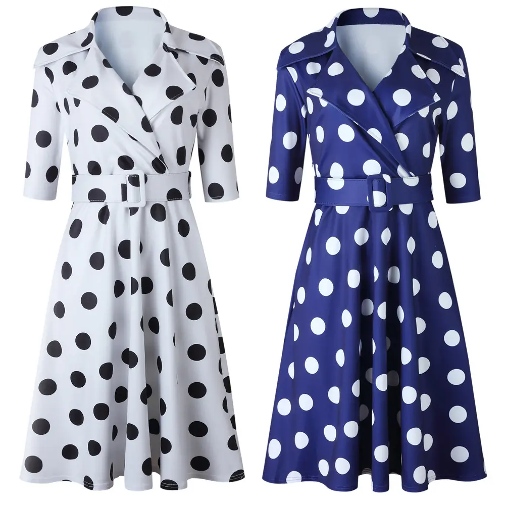 Baju Kantor Wanita, Baju Midi Wanita Biru Afrika, Baju Kasual Aline Berlekuk Kerah Polka Dot Cetak Mode Wanita Vintage Elegan