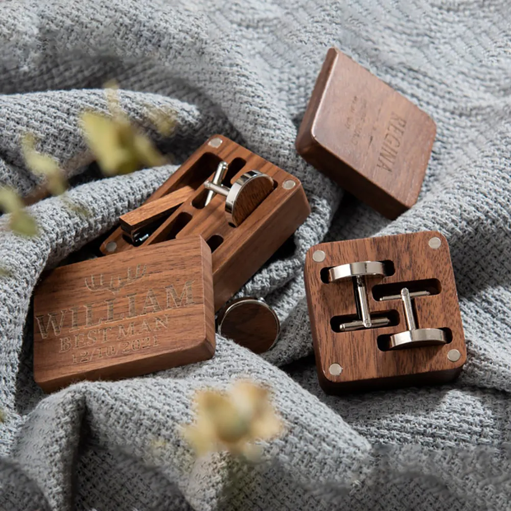 Gemelos personalizados de regalo, Clip de corbata, caja de madera oscura de nogal, caja pequeña de madera