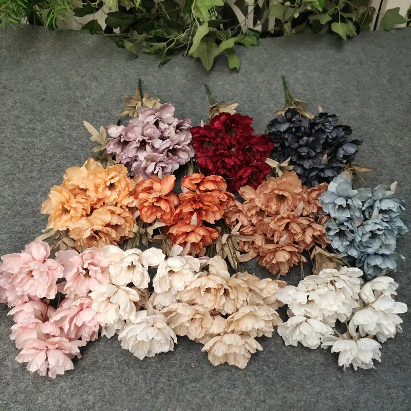 Ramo de flores artificiales de imitación, Vintage, peonía vívida para decoración de boda, otoño