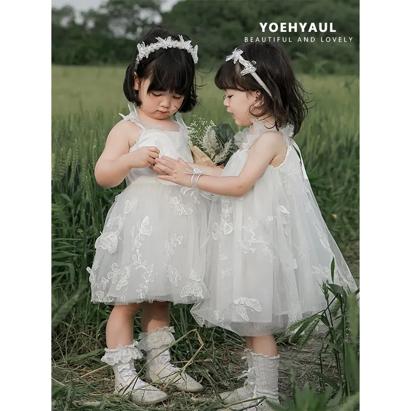 YOEHYAUL broderie papillon princesse fleur filles robe blanc sangle petites filles robe fête enfants robe pour filles élégant